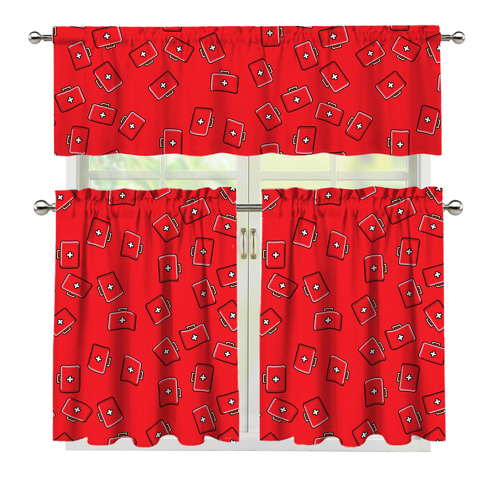 Paramedic First Aid Kit Pattern Print 3 Piece Kitchen Curtains