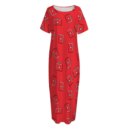 Paramedic First Aid Kit Pattern Print Short Sleeve Long Nightdress