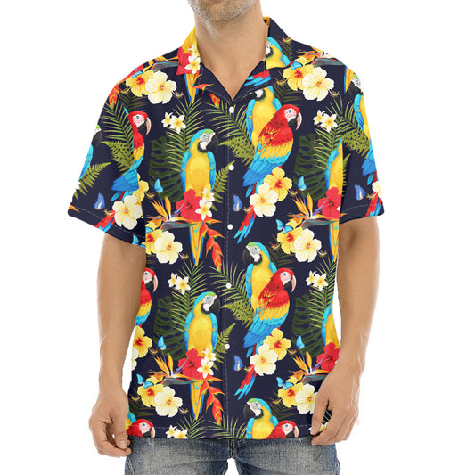 Parrot And Flower Pattern Print Aloha Shirt