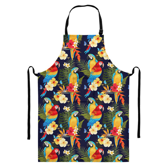 Parrot And Flower Pattern Print Bib Apron With Pocket