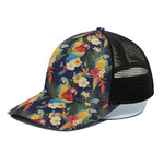Parrot And Flower Pattern Print Black Mesh Trucker Cap