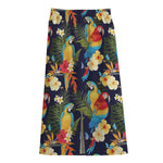 Parrot And Flower Pattern Print Cotton Front Slit Maxi Skirt