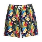 Parrot And Flower Pattern Print Cotton Shorts