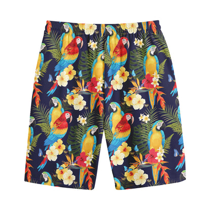 Parrot And Flower Pattern Print Cotton Shorts