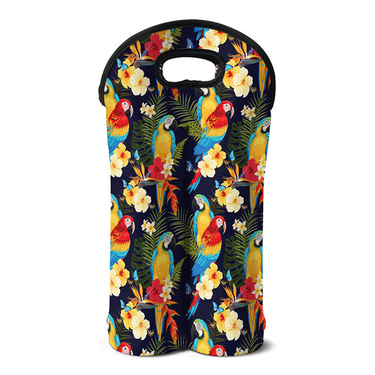 Parrot And Flower Pattern Print Double Neoprene Wine Tote