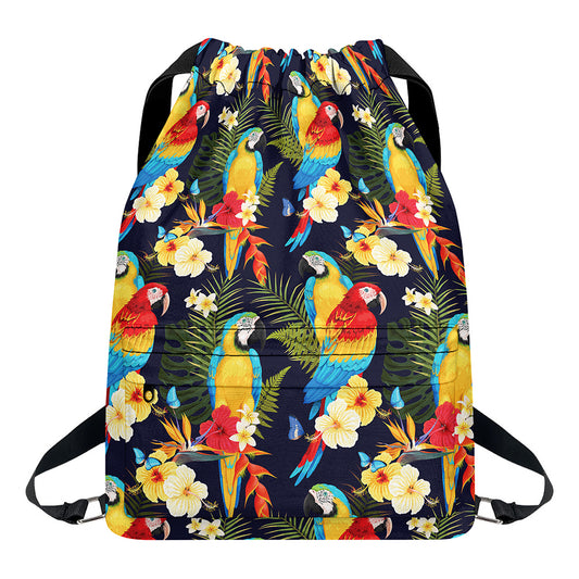 Parrot And Flower Pattern Print Drawstring Backpack