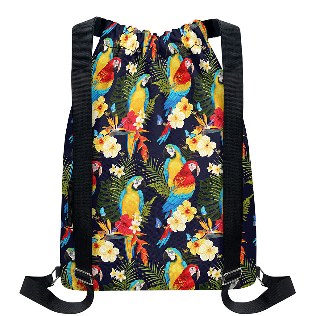 Parrot And Flower Pattern Print Drawstring Backpack