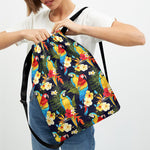 Parrot And Flower Pattern Print Drawstring Backpack