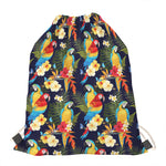 Parrot And Flower Pattern Print Drawstring Bag