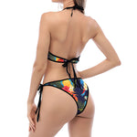 Parrot And Flower Pattern Print Halter Scoop Tie Side Bikini