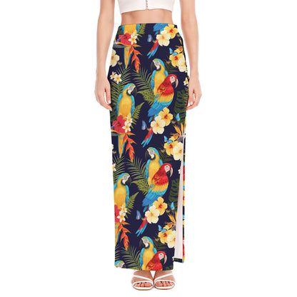 Parrot And Flower Pattern Print High Slit Maxi Skirt