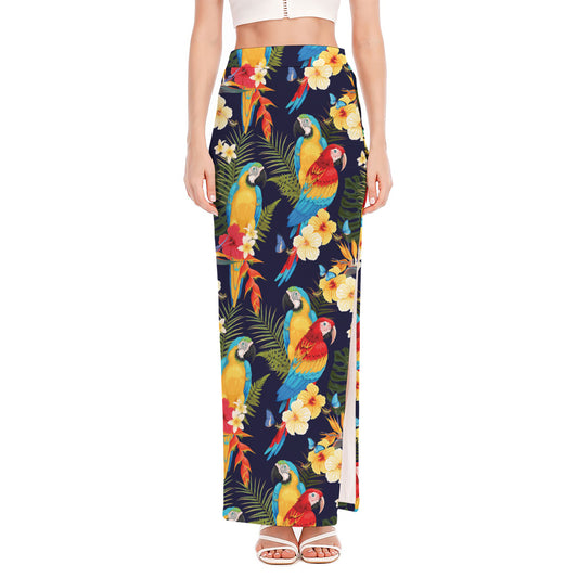 Parrot And Flower Pattern Print High Slit Maxi Skirt