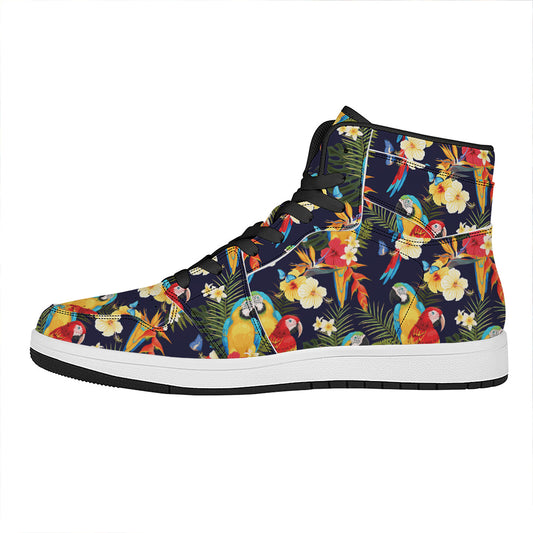 Parrot And Flower Pattern Print High Top Leather Sneakers