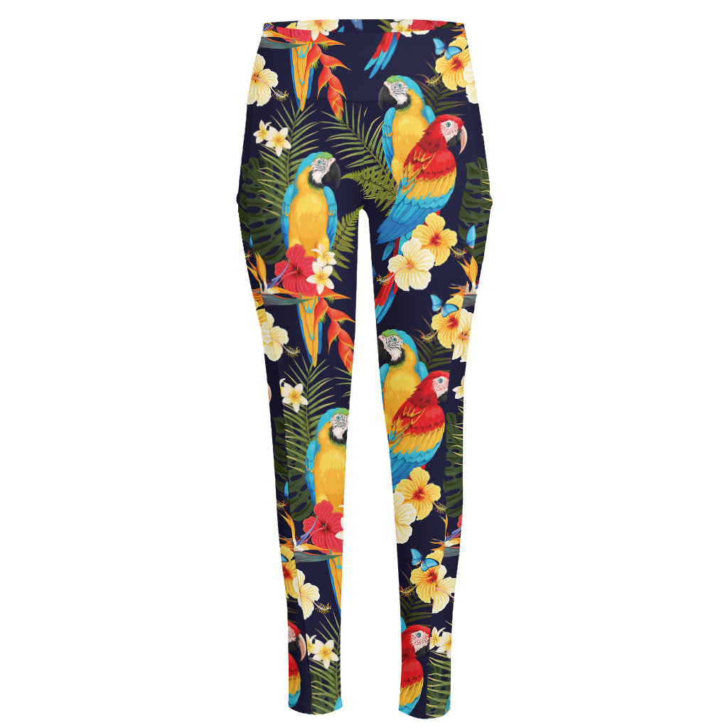 Parrot And Flower Pattern Print High-Waisted Pocket Leggings