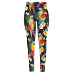 Parrot And Flower Pattern Print High-Waisted Pocket Leggings