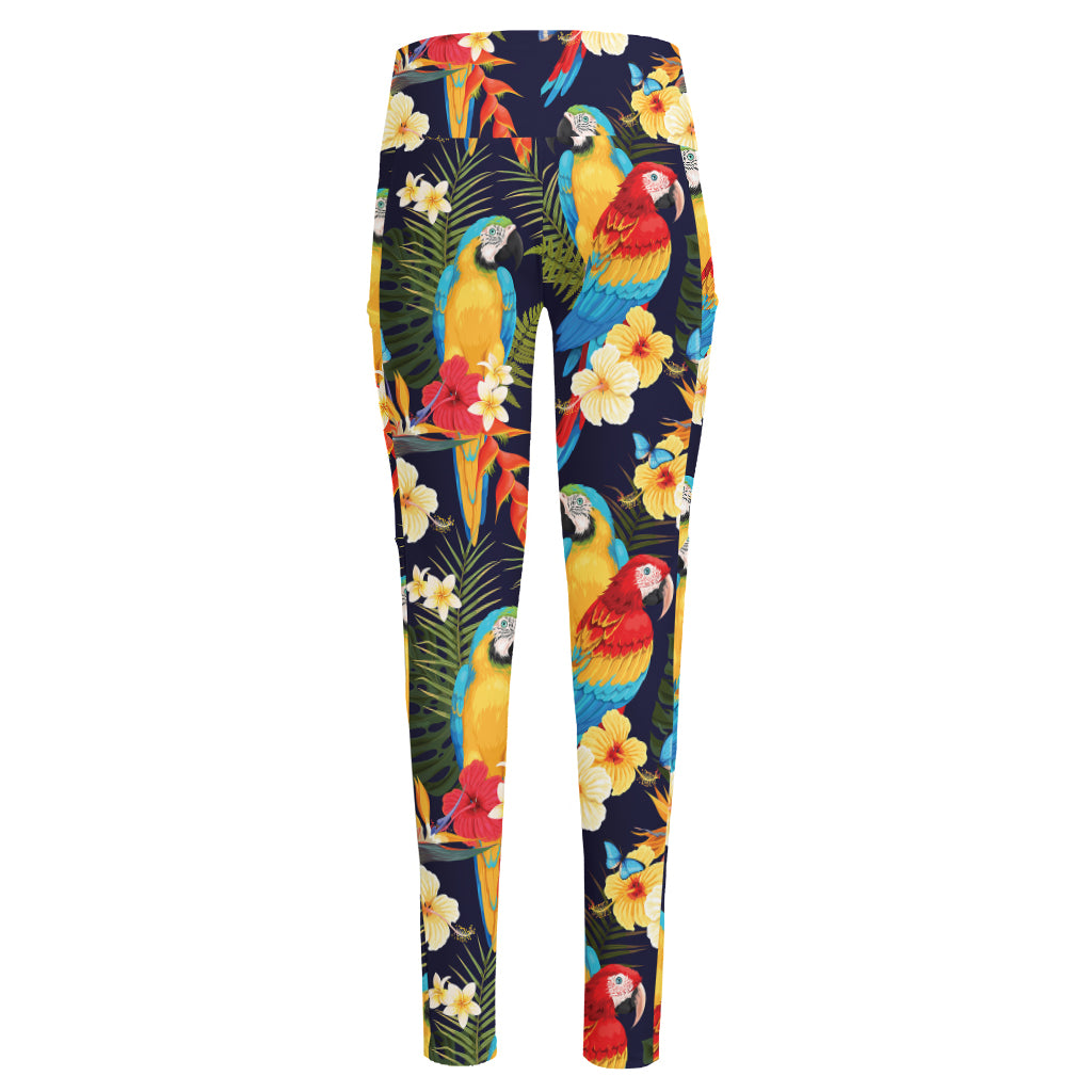 Parrot And Flower Pattern Print High-Waisted Pocket Leggings
