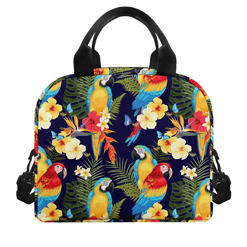 Parrot And Flower Pattern Print Insulated Lunch Bag