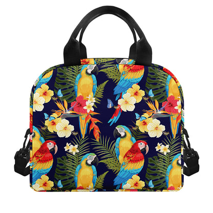 Parrot And Flower Pattern Print Insulated Lunch Bag