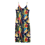 Parrot And Flower Pattern Print Jersey Midi Cami Dress