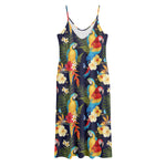 Parrot And Flower Pattern Print Jersey Midi Cami Dress