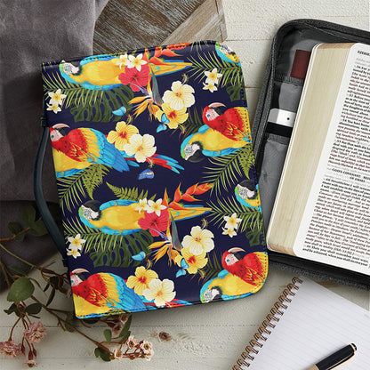 Parrot And Flower Pattern Print Leather Bible Cover