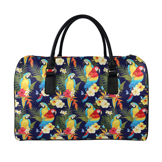 Parrot And Flower Pattern Print Leather Duffle Bag