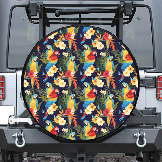 Parrot And Flower Pattern Print Leather Spare Tire Cover