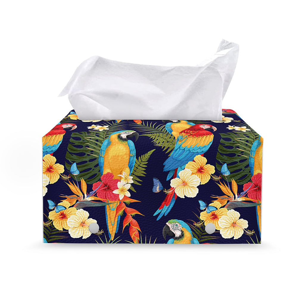 Parrot And Flower Pattern Print Leather Tissue Box Cover