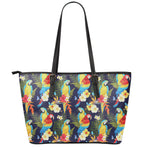 Parrot And Flower Pattern Print Leather Tote Bag