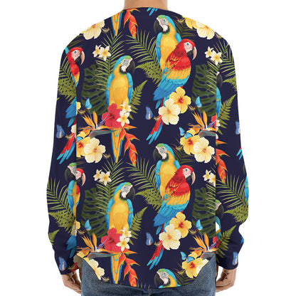 Parrot And Flower Pattern Print Long Sleeve Baseball Jersey