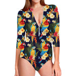 Parrot And Flower Pattern Print Long Sleeve Swimsuit