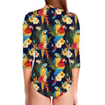 Parrot And Flower Pattern Print Long Sleeve Swimsuit