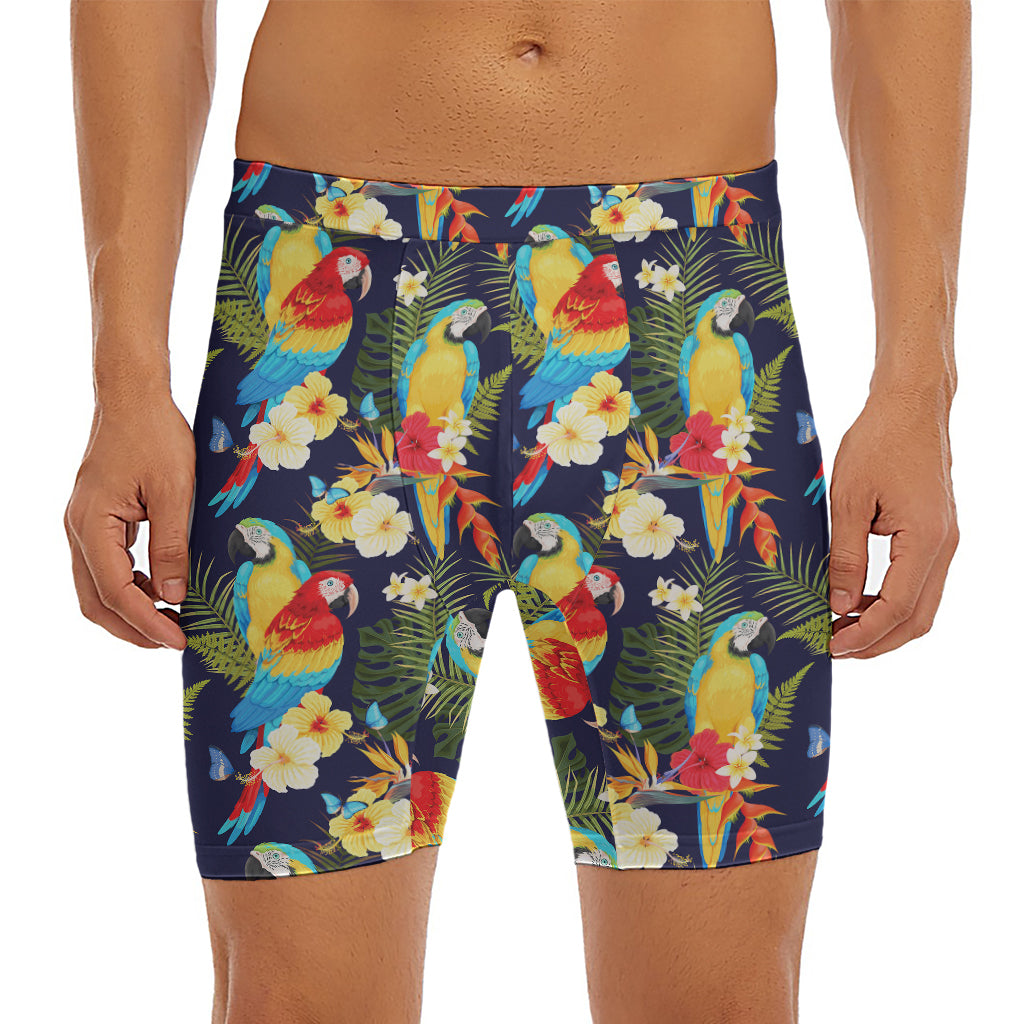 Parrot And Flower Pattern Print Men's Long Boxer Briefs