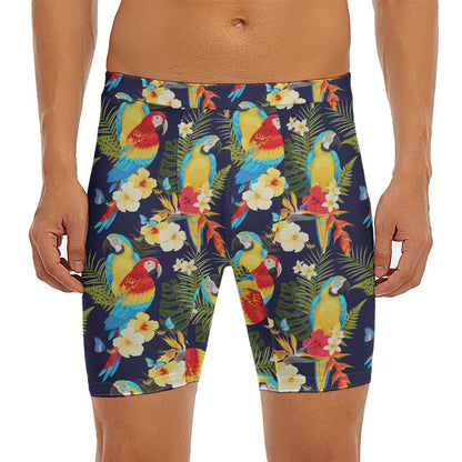 Parrot And Flower Pattern Print Men's Long Boxer Briefs