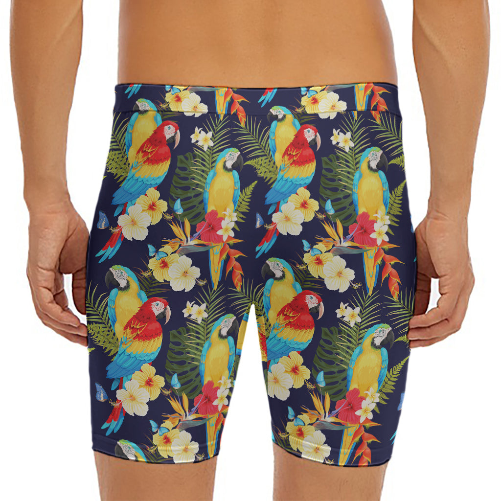 Parrot And Flower Pattern Print Men's Long Boxer Briefs