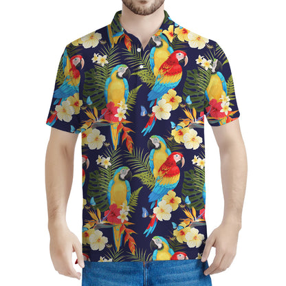Parrot And Flower Pattern Print Men's Polo Shirt
