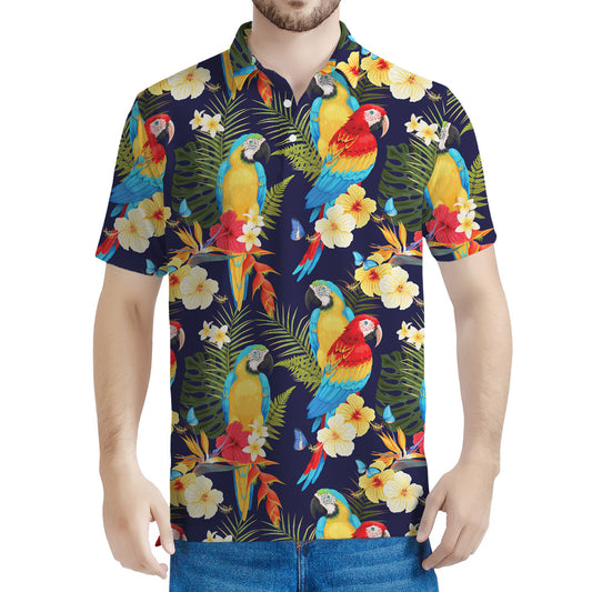 Parrot And Flower Pattern Print Men's Polo Shirt