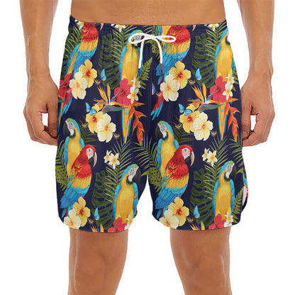 Parrot And Flower Pattern Print Men's Split Running Shorts