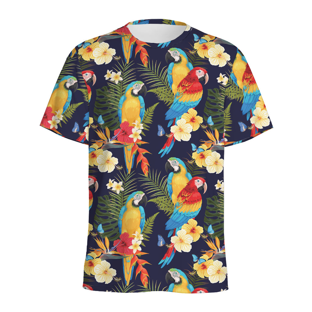 Parrot And Flower Pattern Print Men's Sports T-Shirt