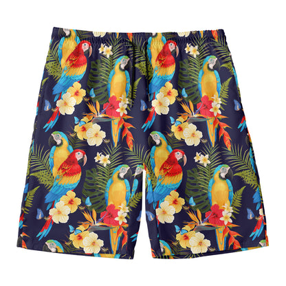 Parrot And Flower Pattern Print Men's Swim Trunks