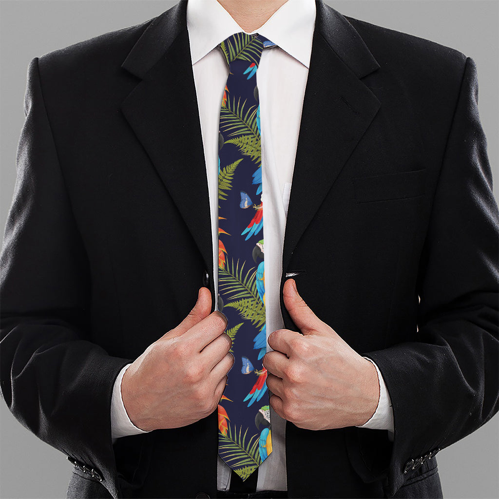 Parrot And Flower Pattern Print Necktie
