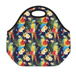 Parrot And Flower Pattern Print Neoprene Lunch Bag