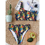 Parrot And Flower Pattern Print One Shoulder Bikini Top