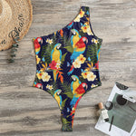 Parrot And Flower Pattern Print One Shoulder Bodysuit