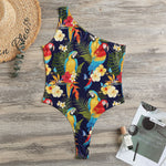 Parrot And Flower Pattern Print One Shoulder Bodysuit