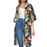 Parrot And Flower Pattern Print Open Front Beach Cover Up