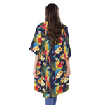Parrot And Flower Pattern Print Open Front Beach Cover Up