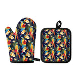 Parrot And Flower Pattern Print Oven Mitt And Pot Holder Set