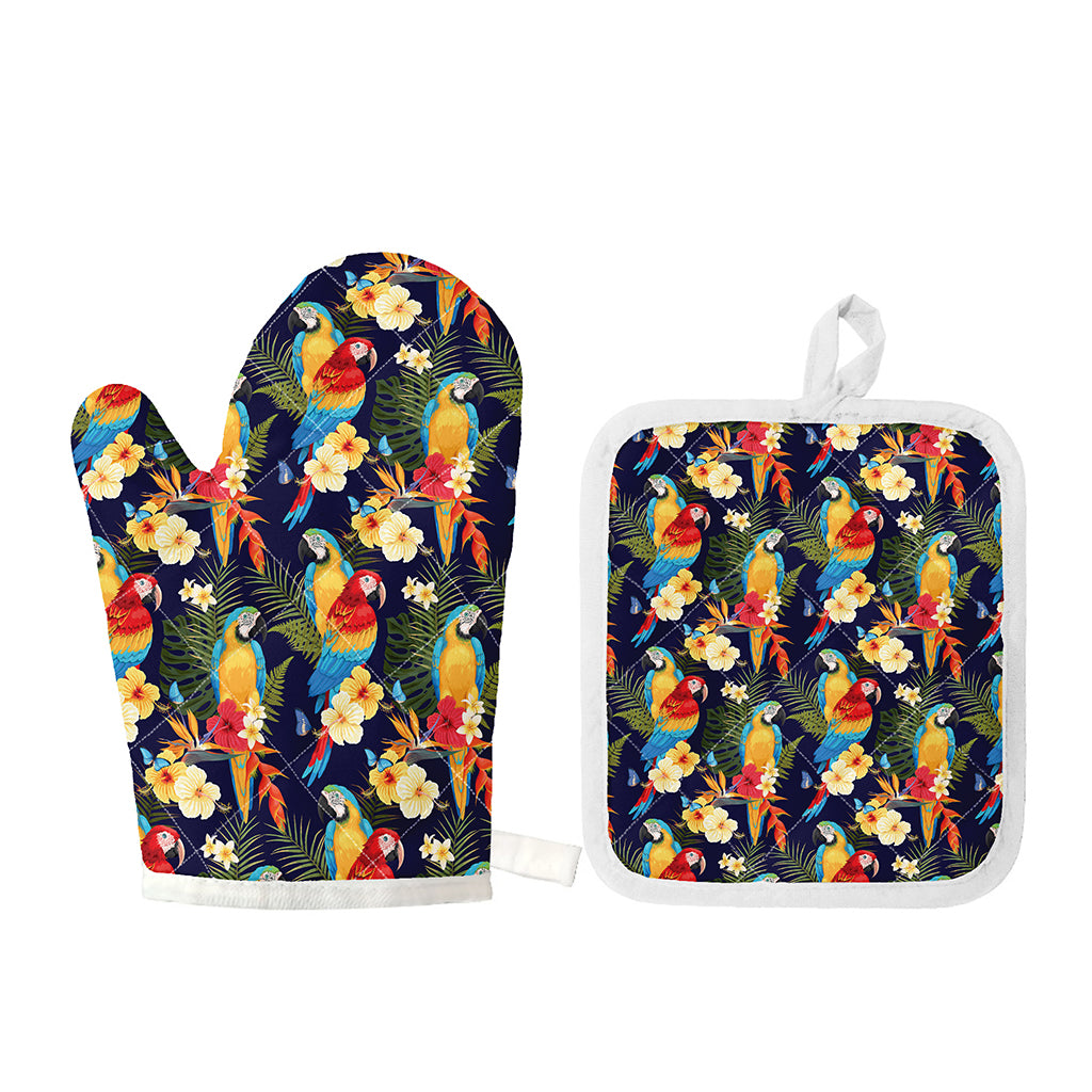 Parrot And Flower Pattern Print Oven Mitt And Pot Holder Set