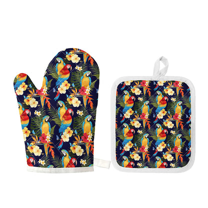 Parrot And Flower Pattern Print Oven Mitt And Pot Holder Set